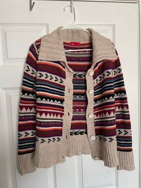 EDC Women’s size Small Neutral Shawl Collar Fair Isle Cardigan - Beige & Multi